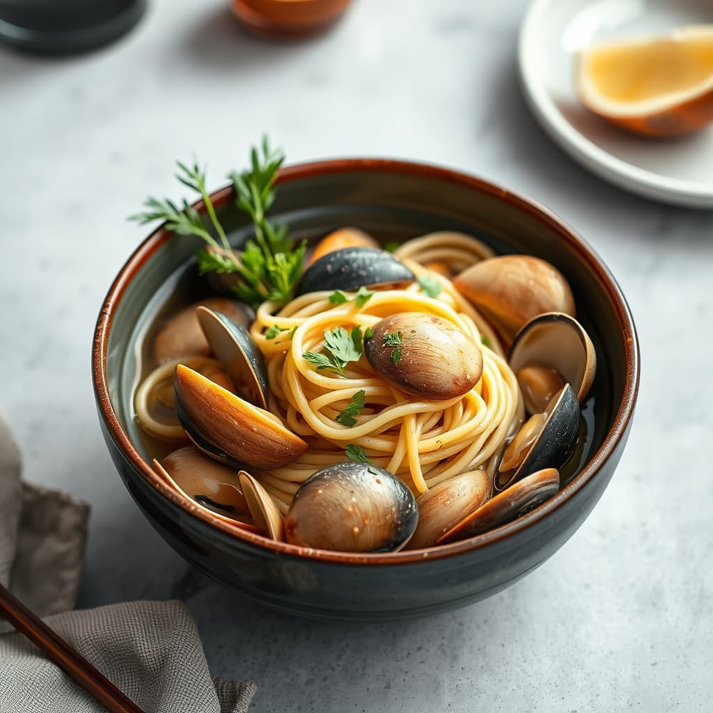 Linguine og kamskjell i ingefær-soy-buljong