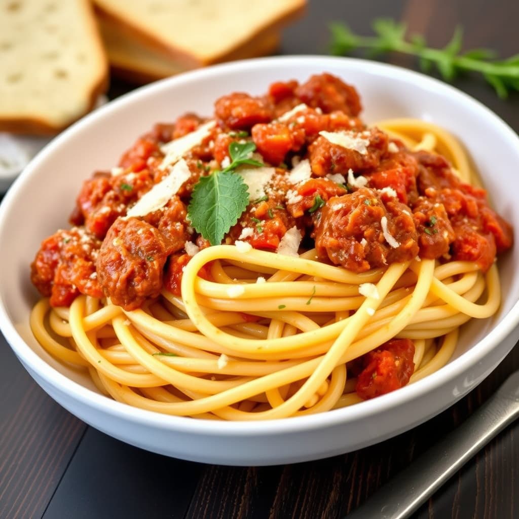Linguini Bolognese med pancetta, storfekjøtt, tomatsaus, urter og parmesan