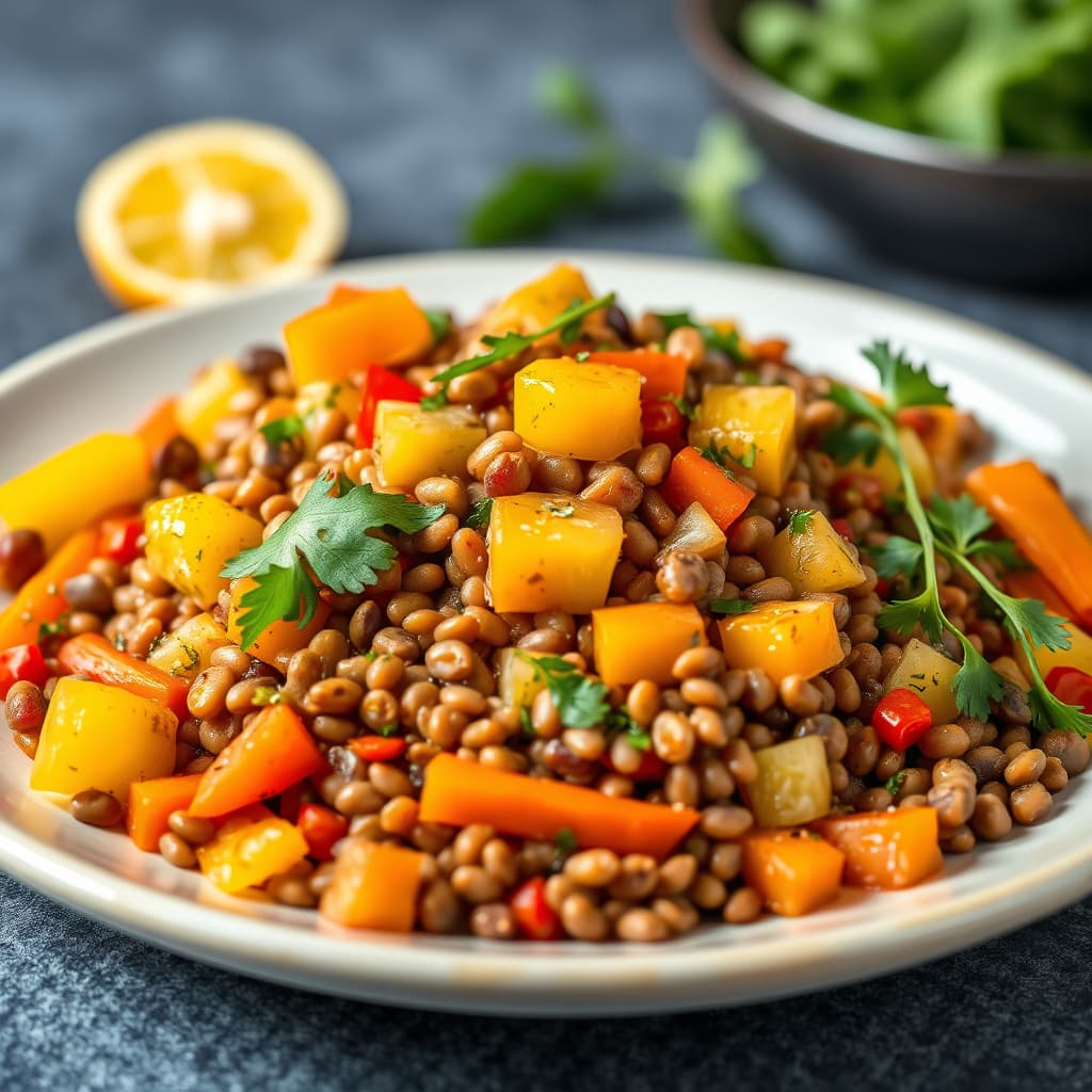 Linsalat med gulrøtter, gule tomater og paprika