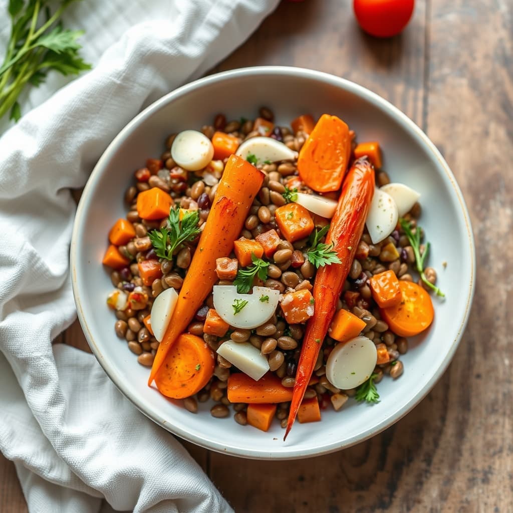 Linsesalat med ovnsbakte gulrøtter og fennikel