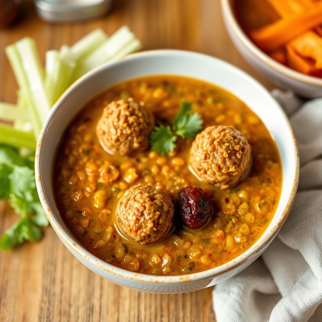 Linsesuppe, dadelballer, sellerisalat