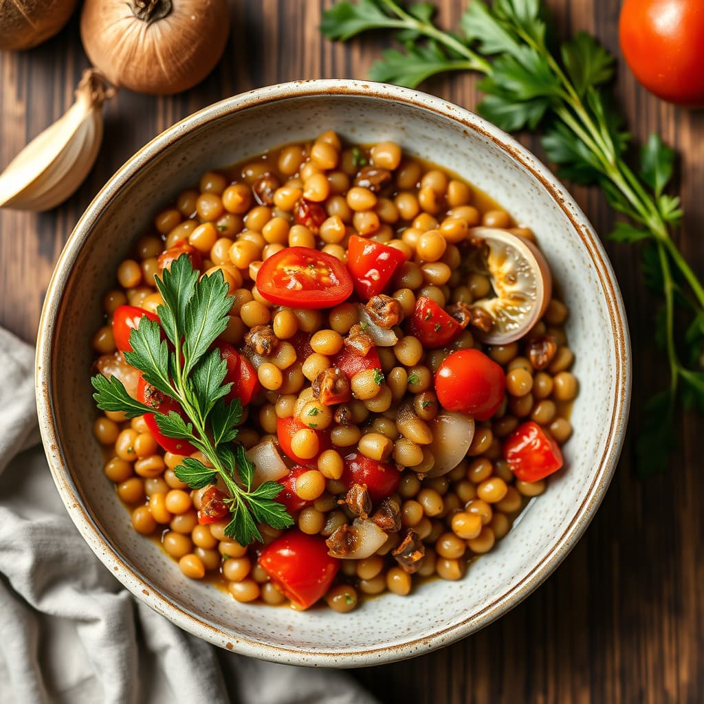 Linsesuppe med hvitløk, løk og tomat