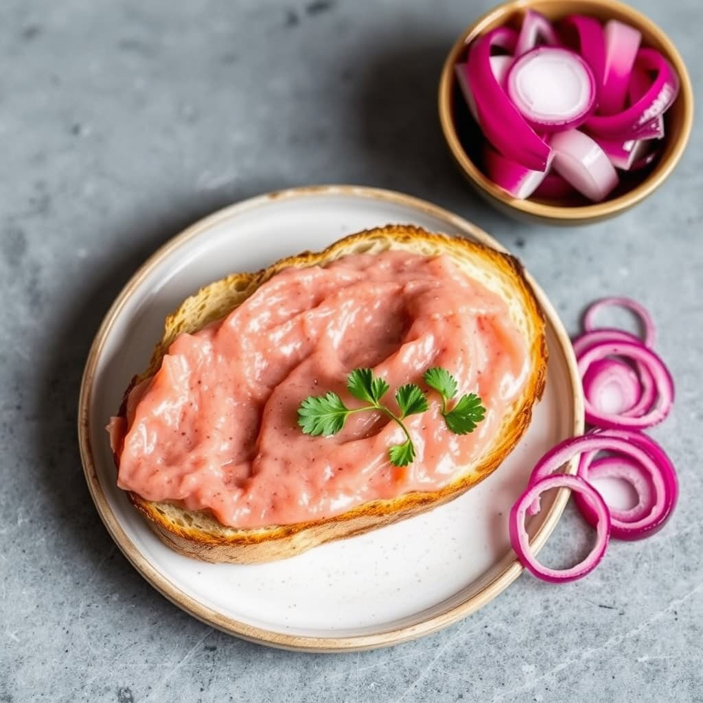 Liptauer med rugbrød og syltede rødløk