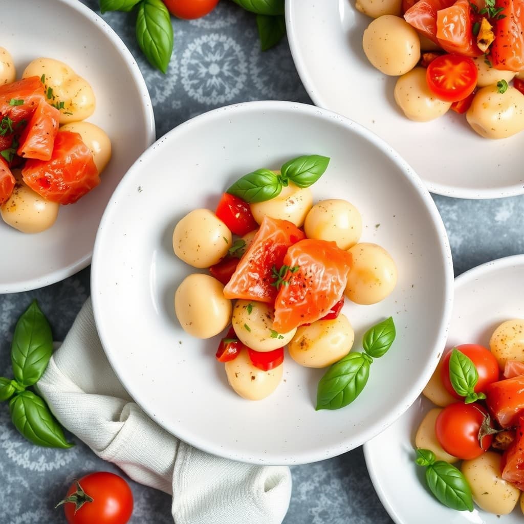 Liten potetgnocchi med røkt laks, scamorza, tomater og basilikum
