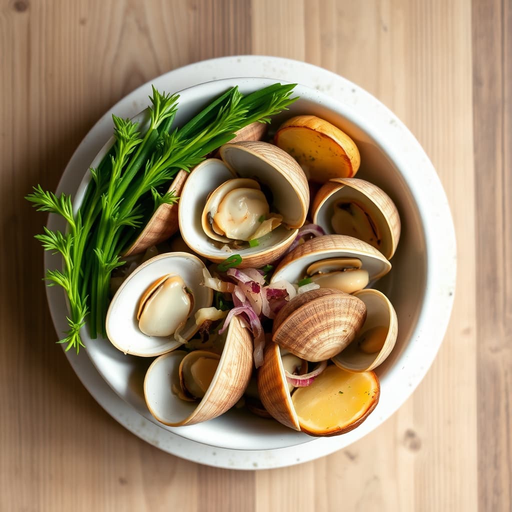 Littleneck-øyemusslinger med nye poteter og vårløk