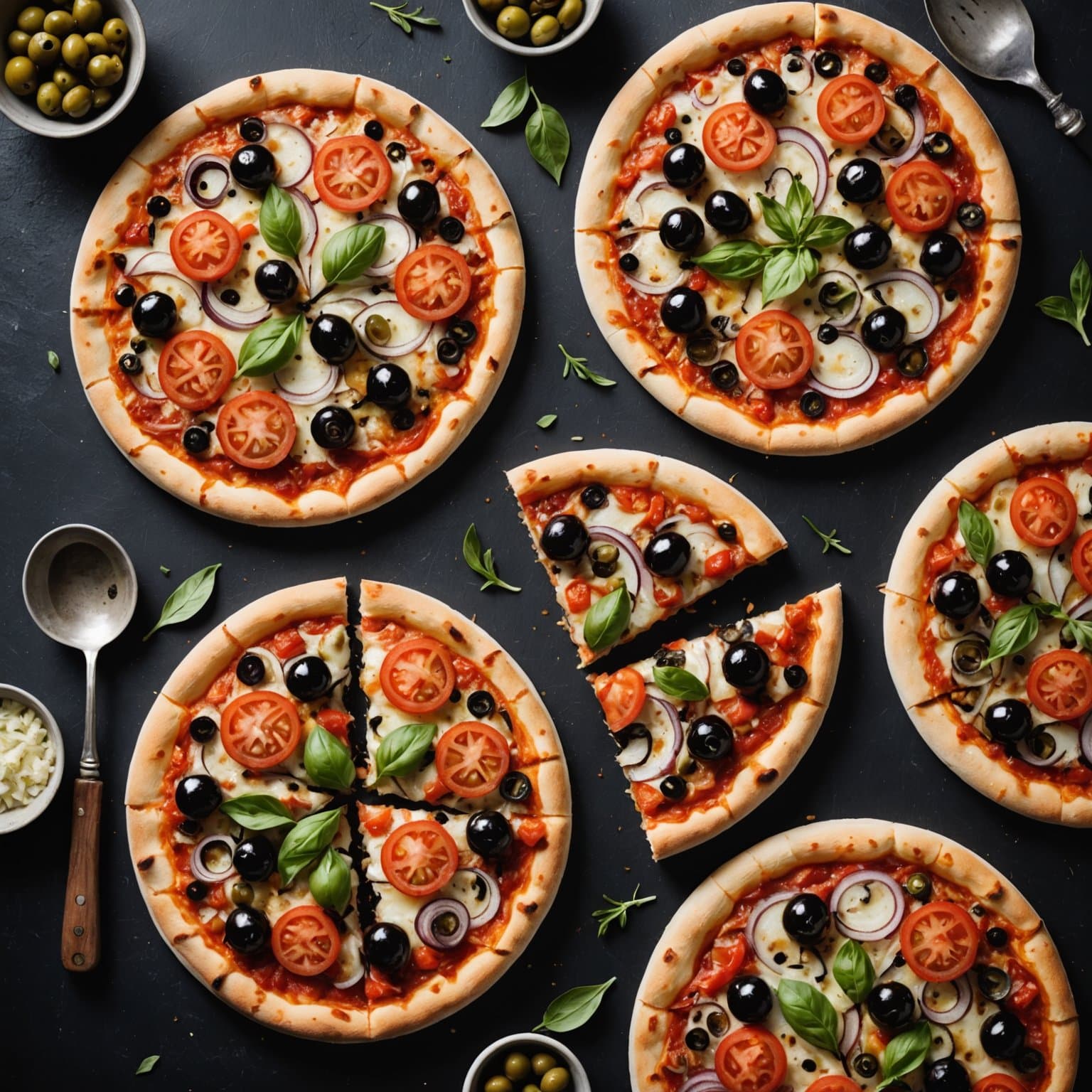 Løk-, tomat- og olivenspizzaer