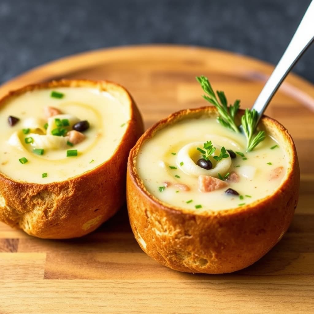 Løksuppe med blandede løk i surdeigsbrødskåler