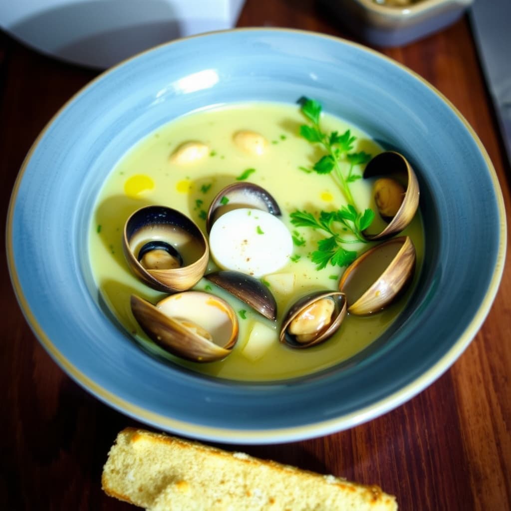 Løksuppe og potetsuppe med blåskjell