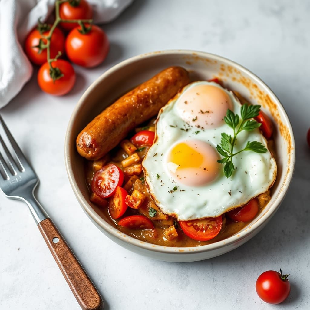 Loukanika-pølse med egg og tomater