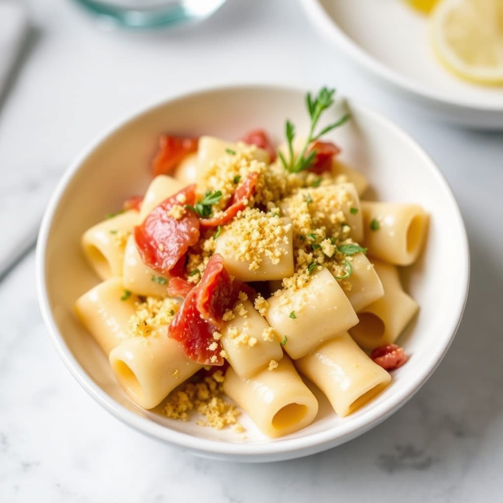 Lumaconi med prosciutto og sitronbrødsmuler