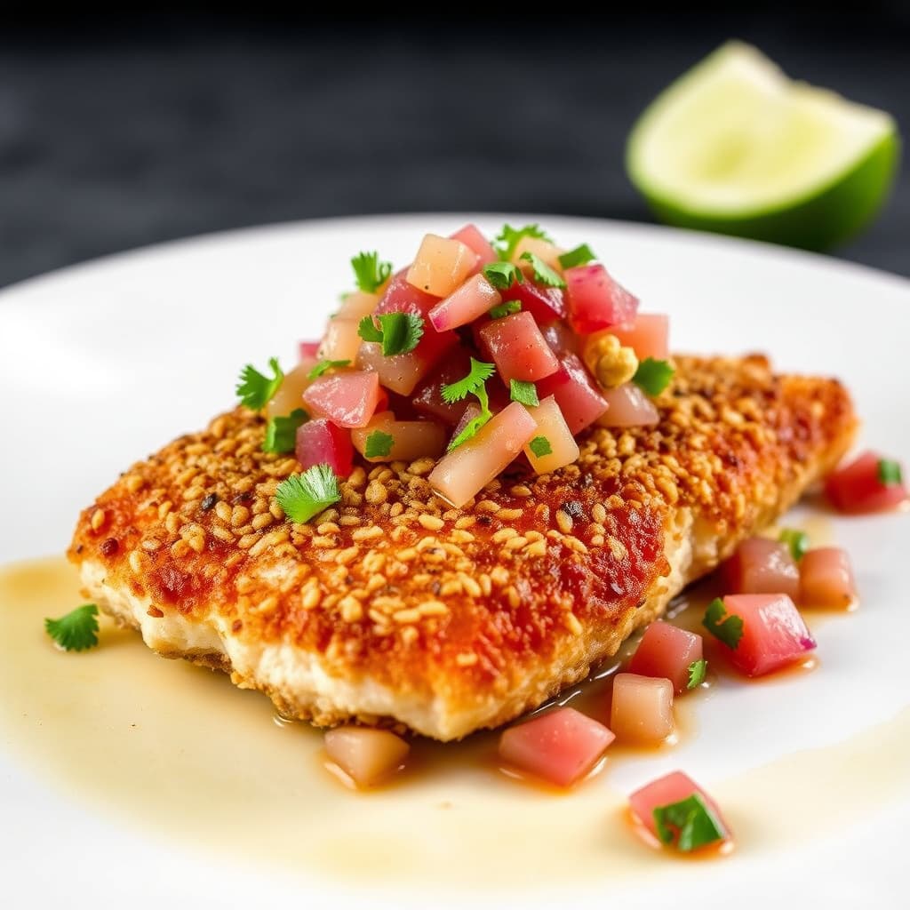 Macadamia-nøtt-omslått Onaga (Ruby Snapper) med Maui-løkrelish