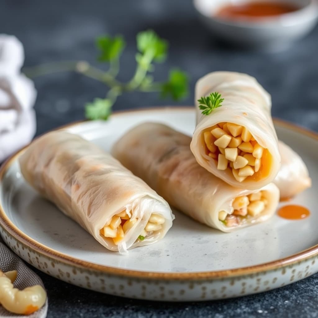 Macadamia-nøtt våruller med kandisert ingefær