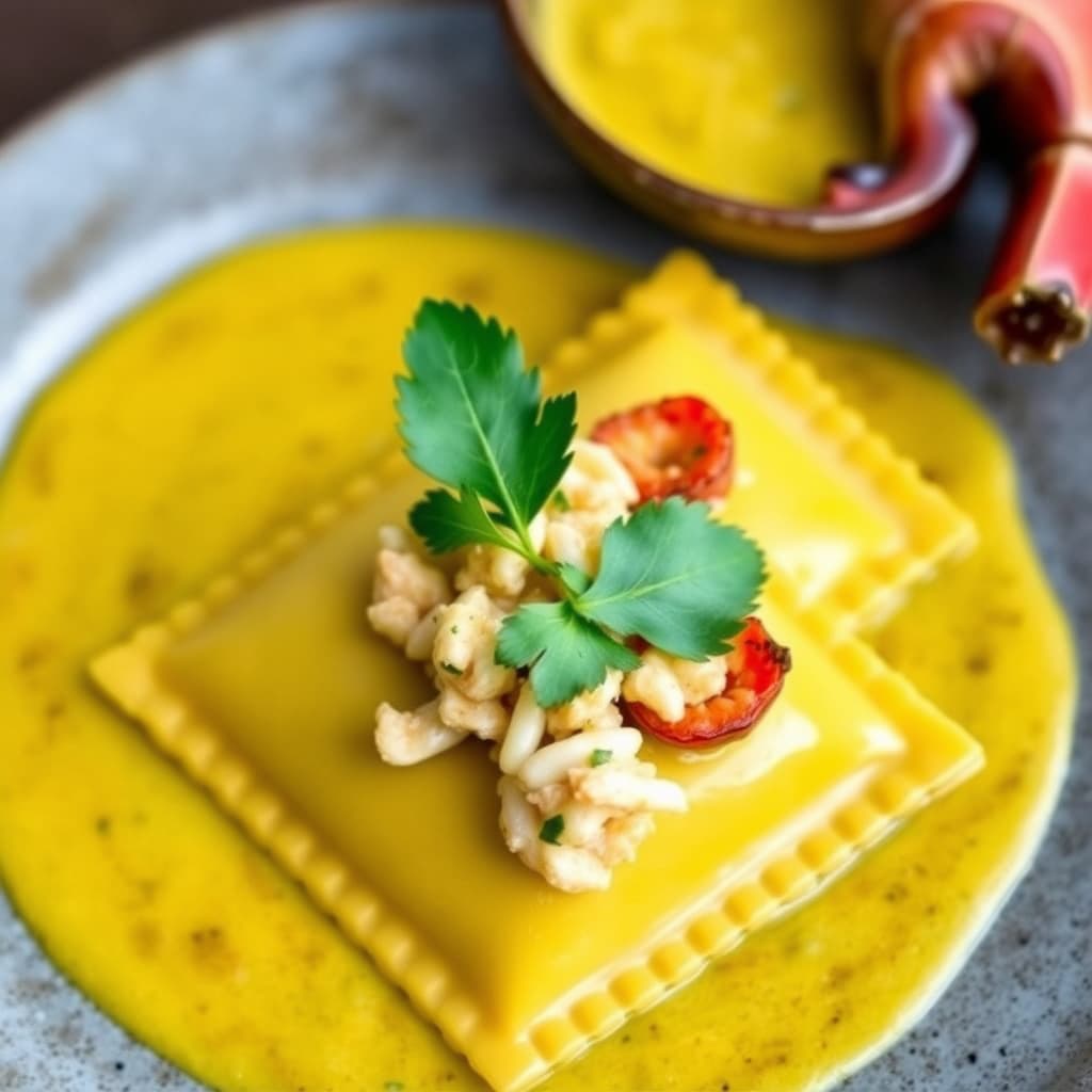 Macadamianøtt- og hummer-ravioli med currysaus