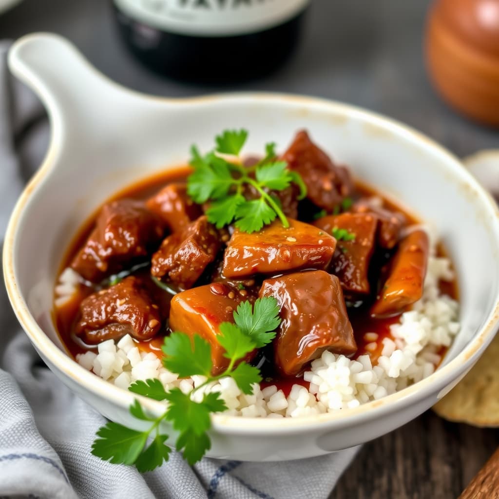 Mahognybiffgryte med rødvin og hoisinsaus