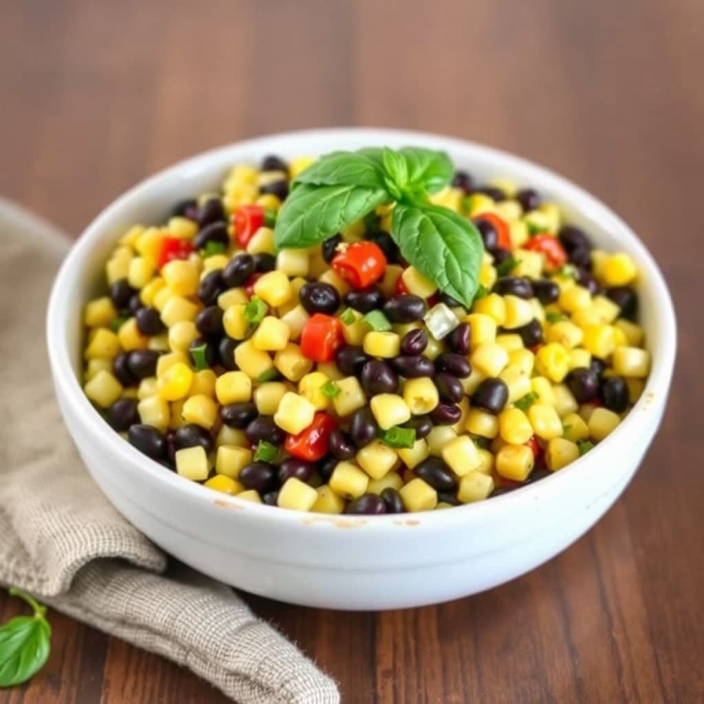Mais- og svartebønnesalat med basilikum-lime vinaigrette