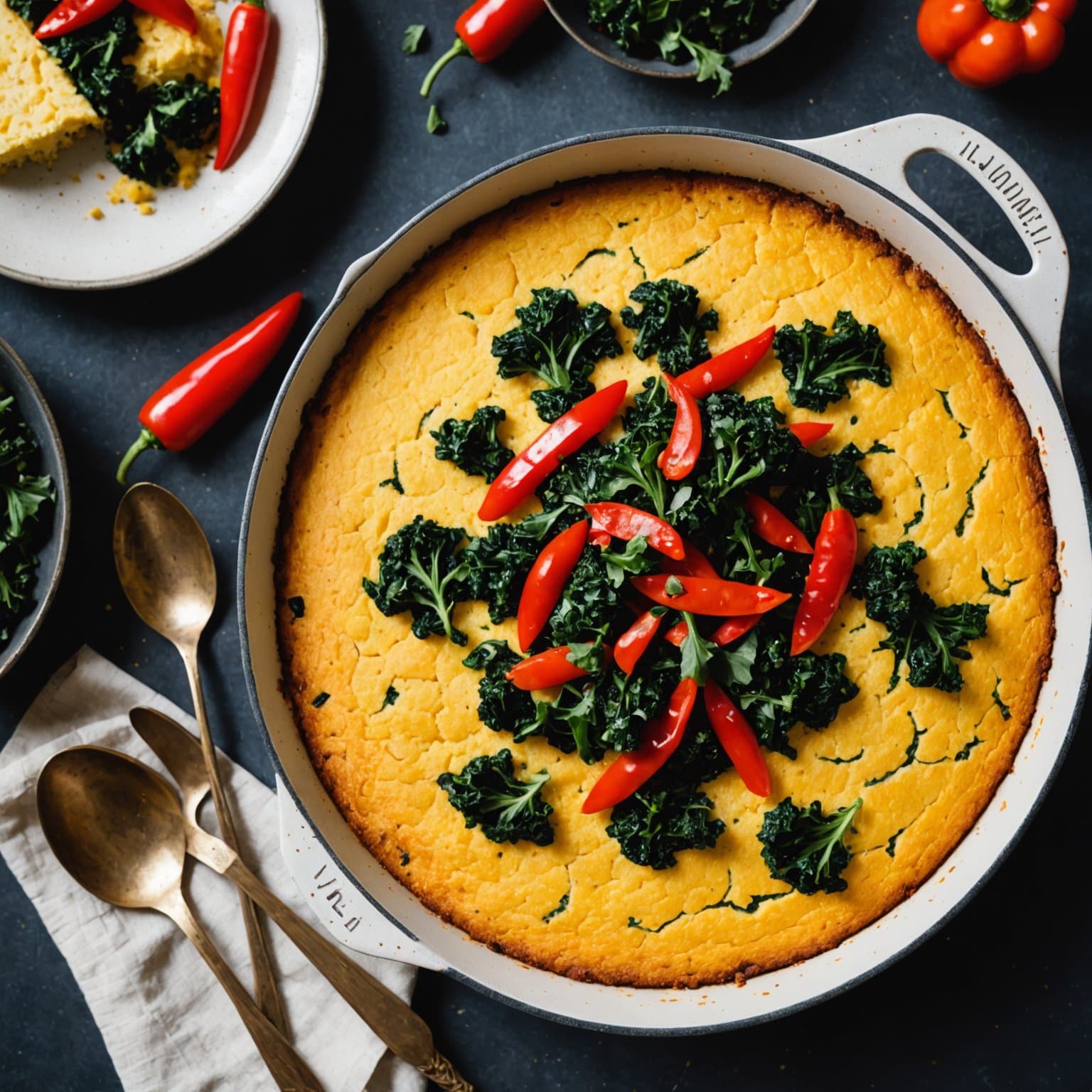 Maisgryn og grønnkålsskje-brød med røde paprika
