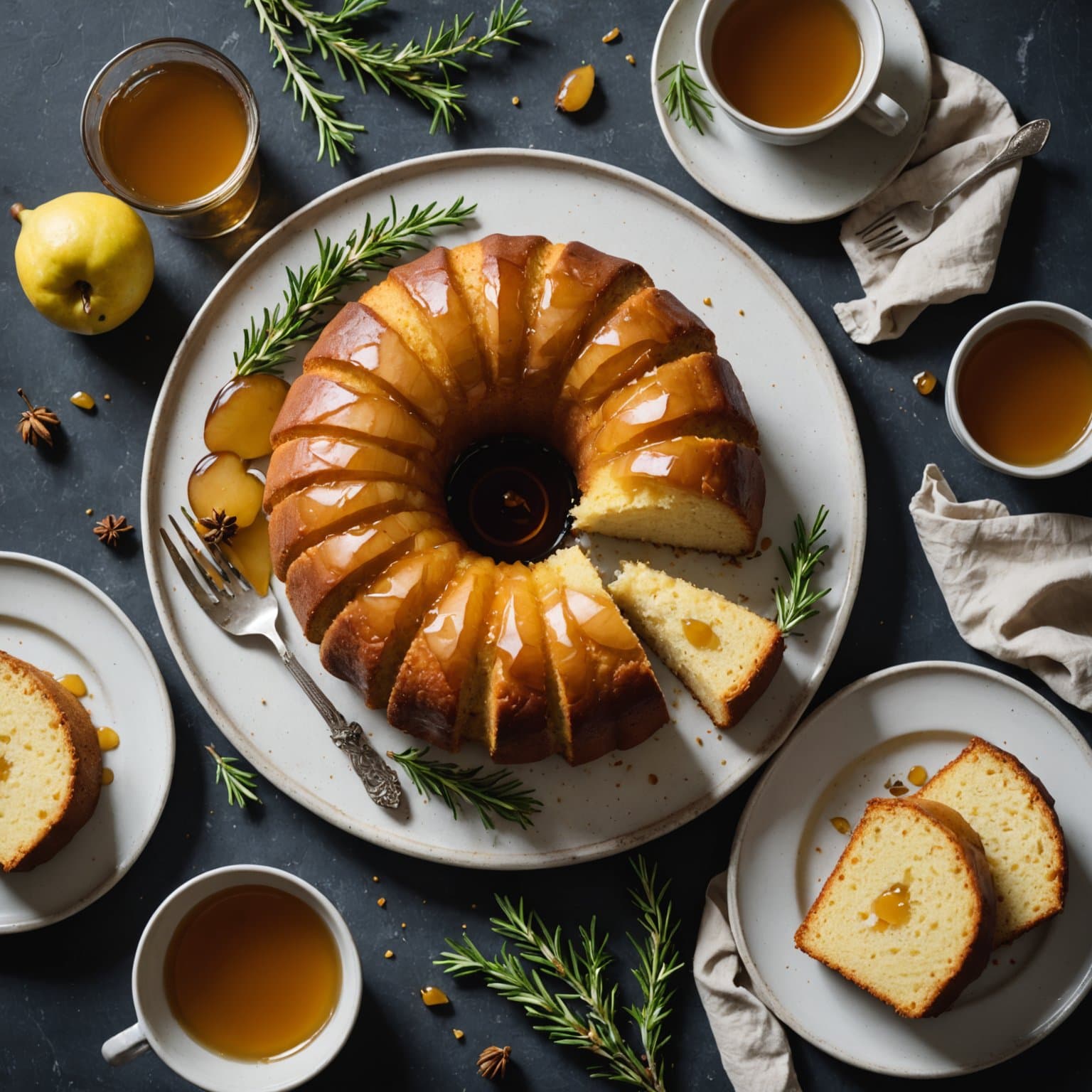 Maiskake med rosmarinsirup, pocherte pærer og kandisert rosmarin