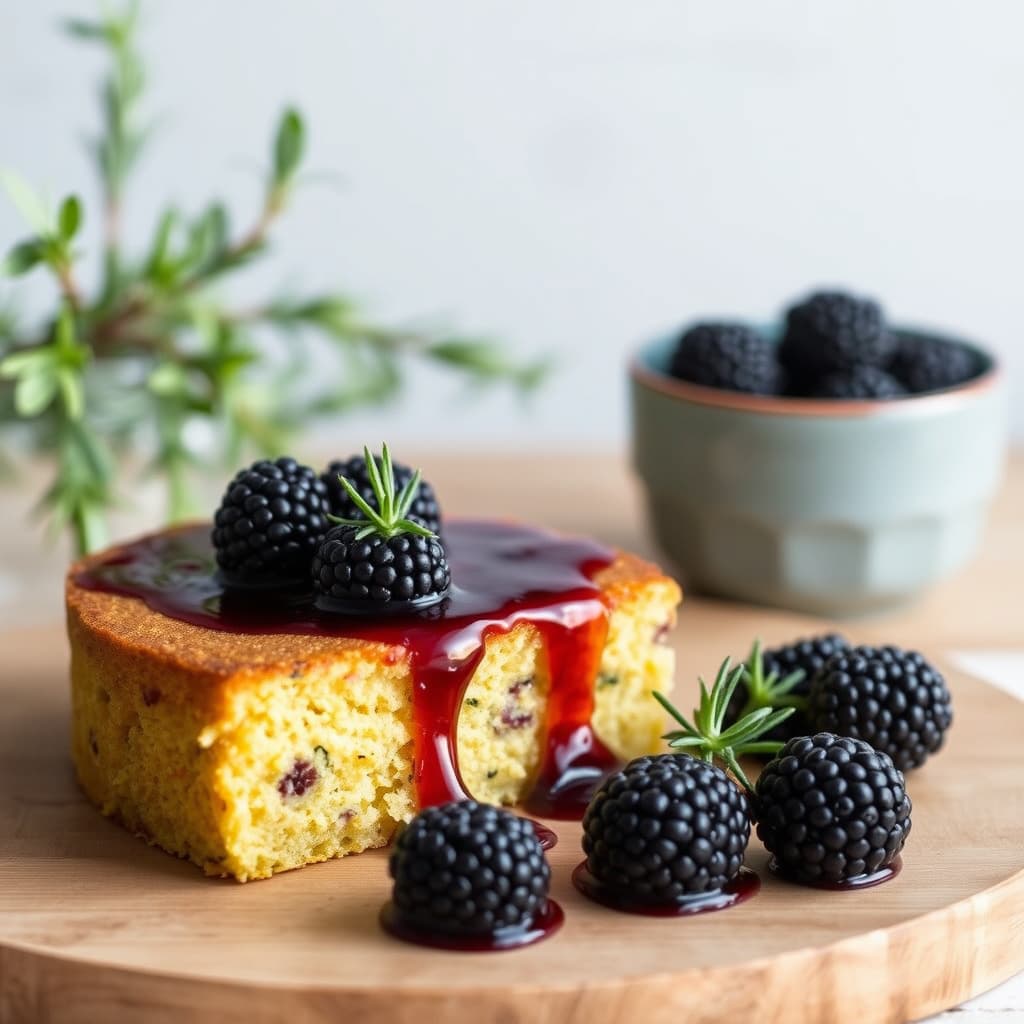 Maiskakemiks med rosmarinsirup og bjørnebær