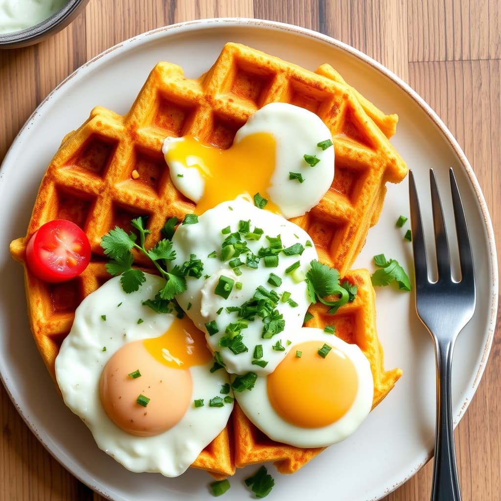 Maisvafler med ranch-stil egg og koriandertkrem