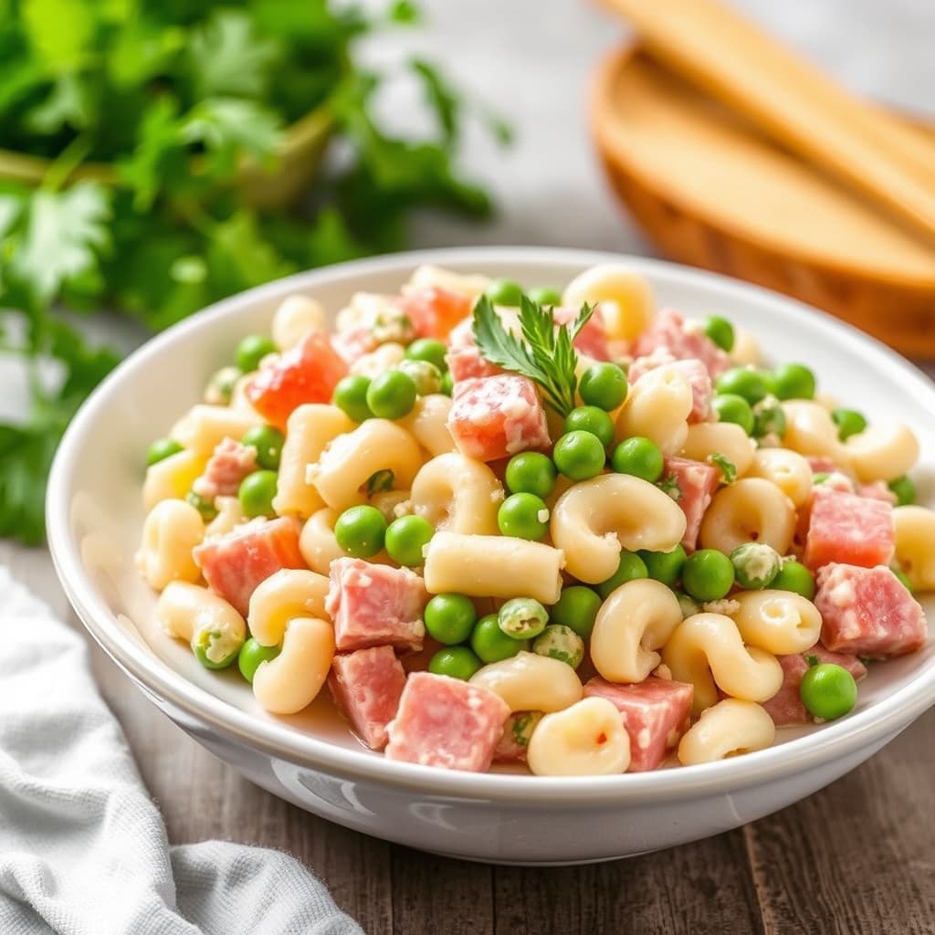 Makaronisalat med skinke og erter