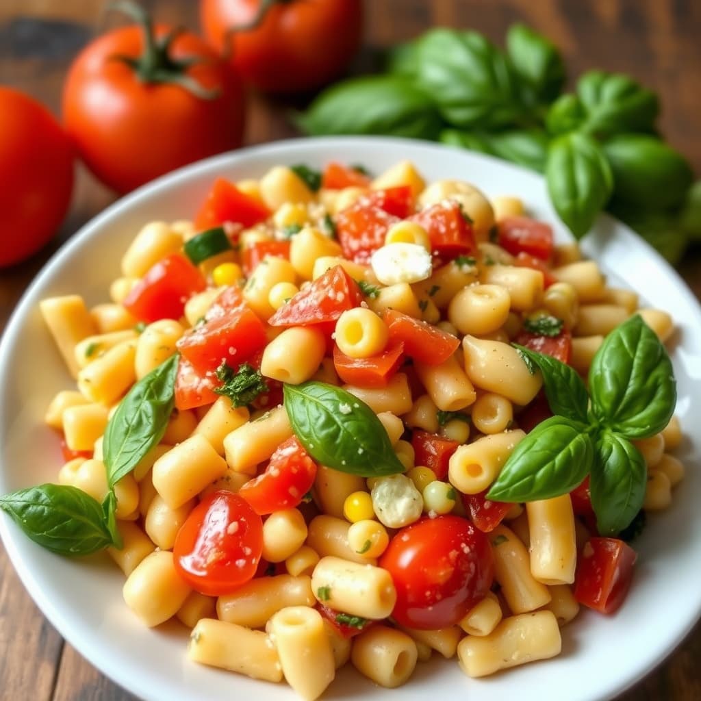Makaronisalat med tomat, mais og basilikum