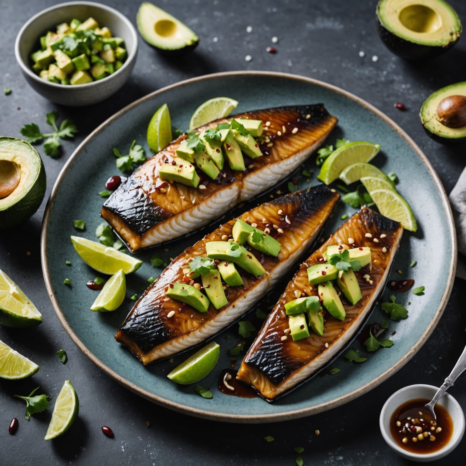 Makrellfileter med maplesoyglasur og avokado