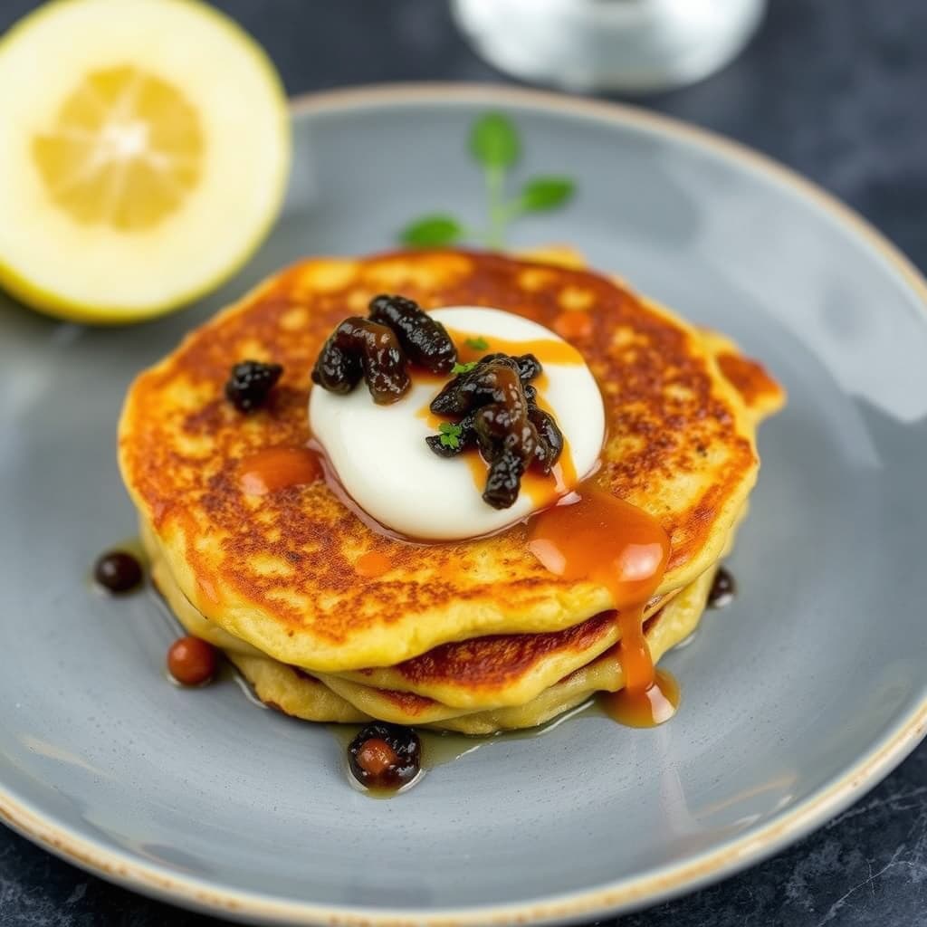 Malanga-pannekaker med kaviar og vodka-spisskummen-saus