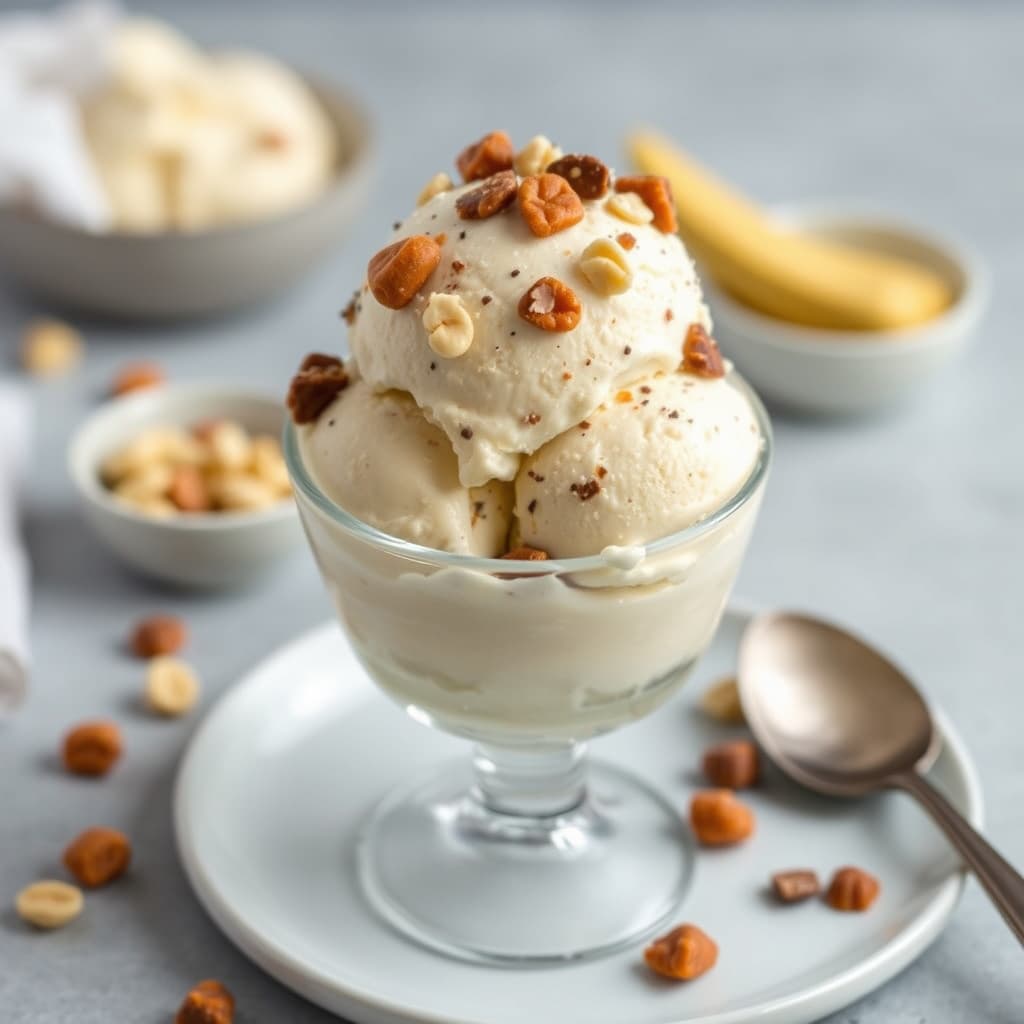 Maltet vaniljeis med peanøttbrittle og melkesjokoladebiter