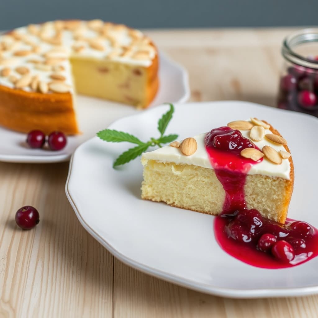 Mandelkake med kirsebærlikørkrem og tyttebærsyltetøy