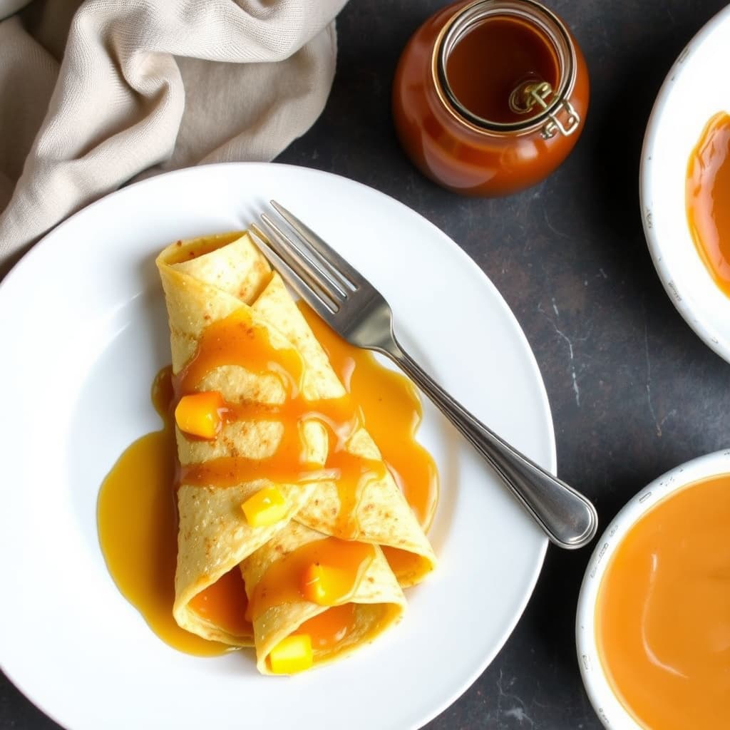 Mango- og papayacrepes med brunet smør, kanel og hjemmelaget dulce de leche-sirup