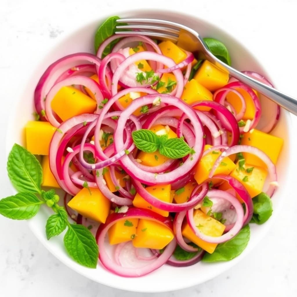 Mango- og rødløksalat med myntedressing