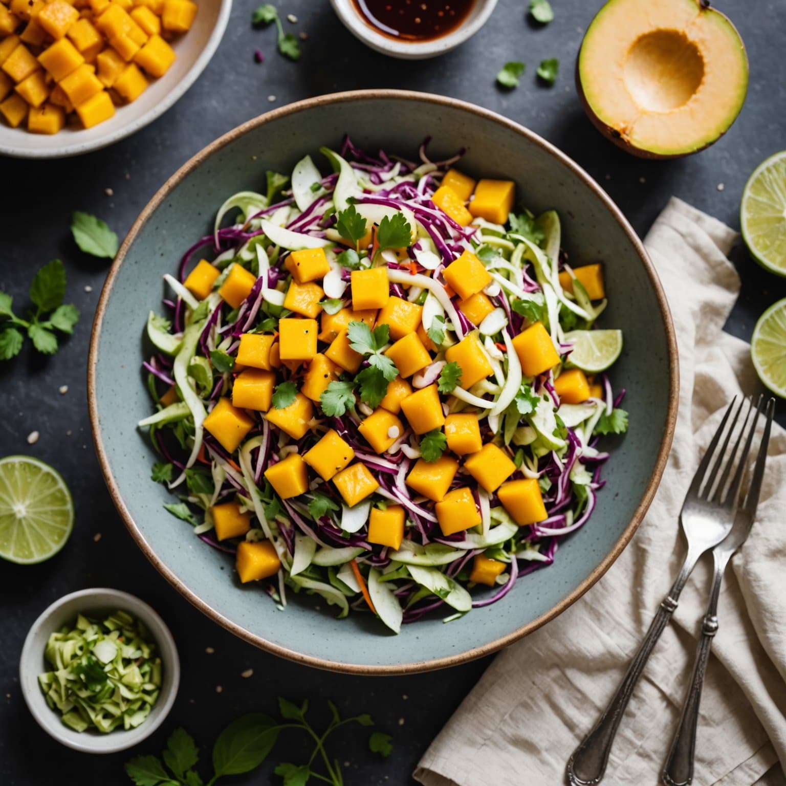 Mango-slaw med ovnsbakt hvitløk- og limesaus