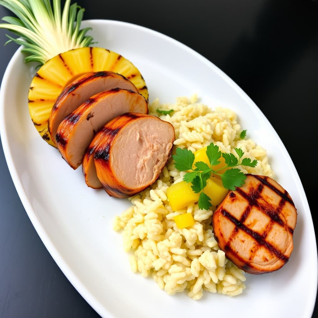 Mango svinefilet med søt ingefærris og grillet ananas