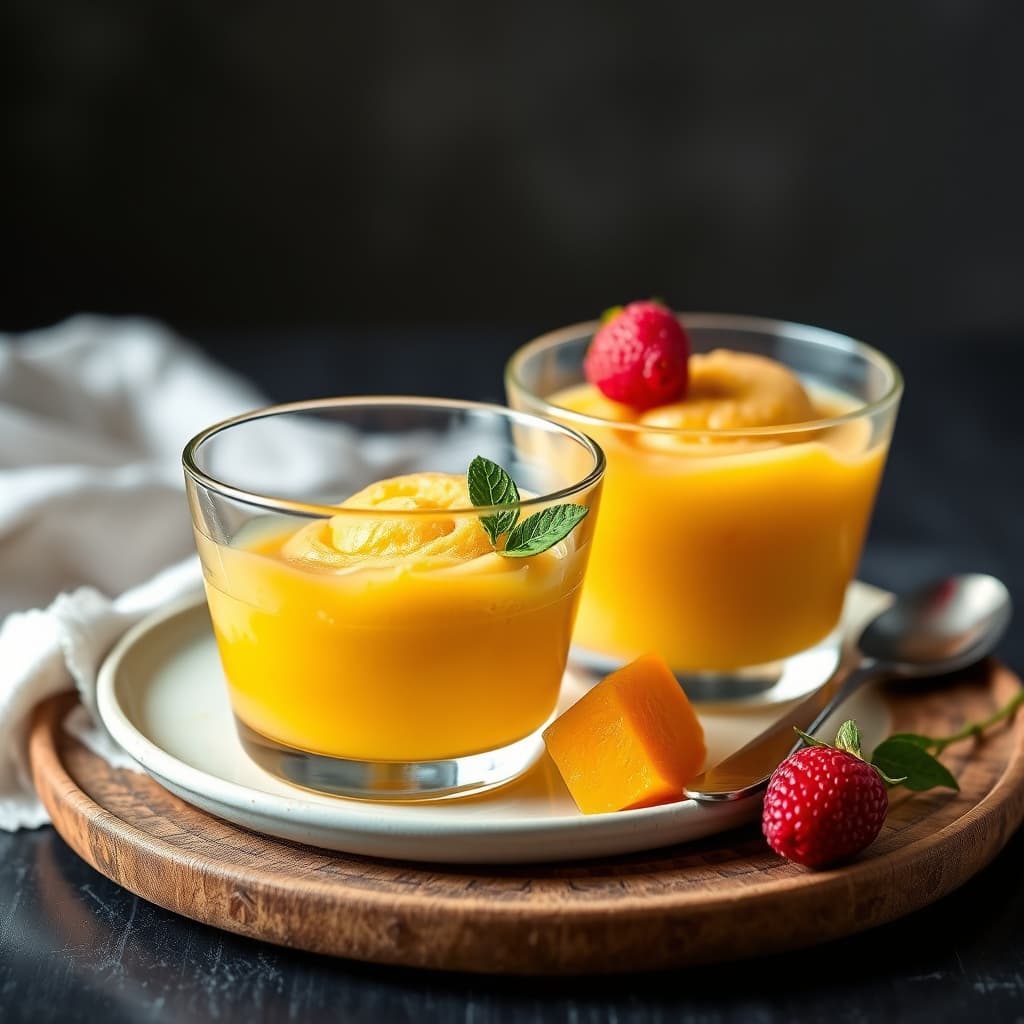 Mangogele og rosenvann-sorbet