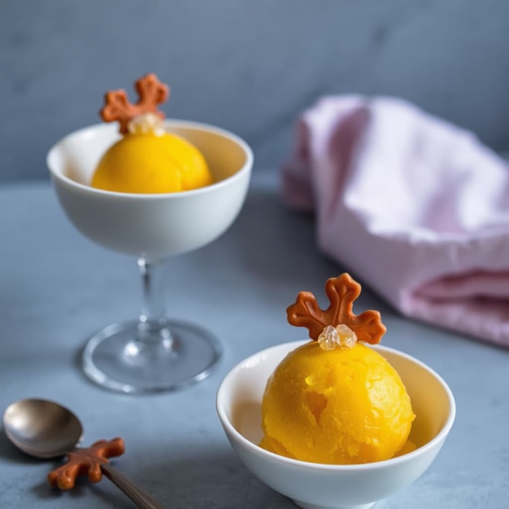 Mangosorbet med amaretto og krystallisert ingefær