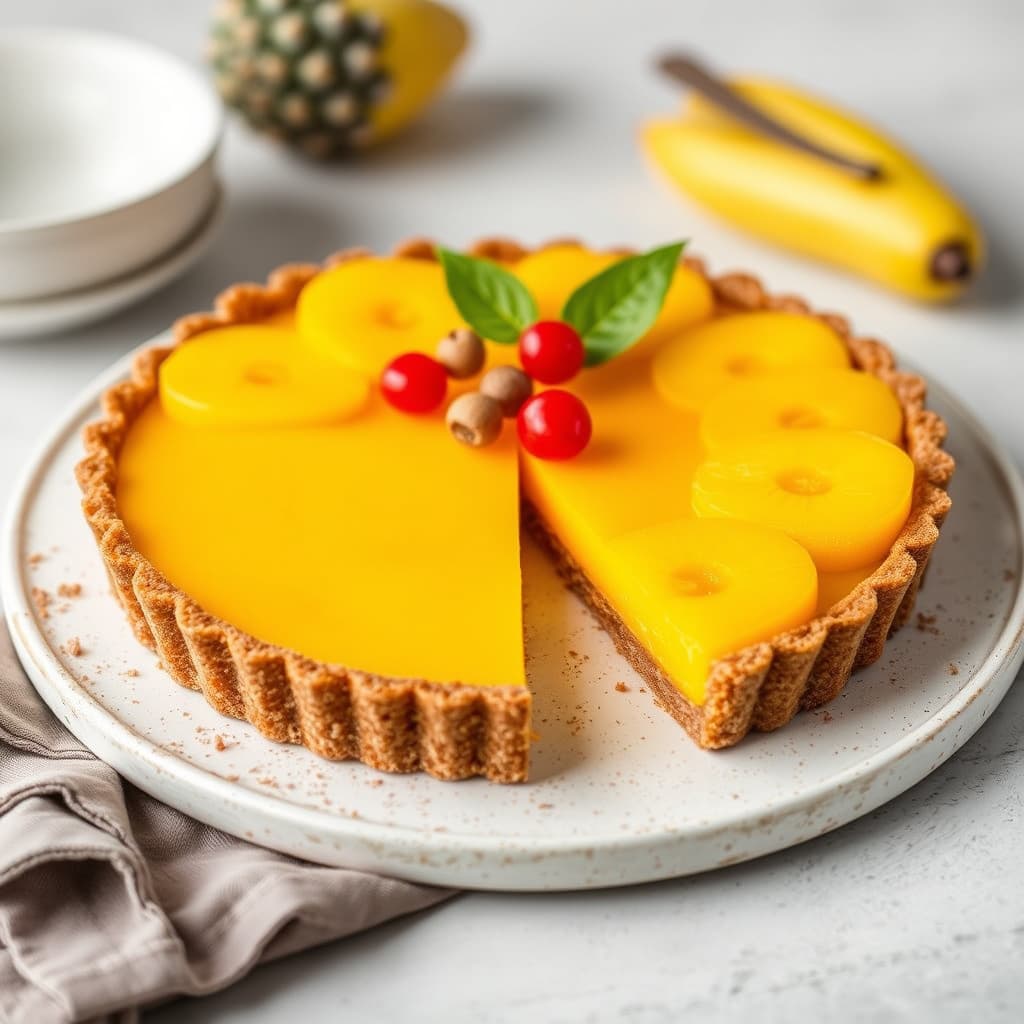 Mangotærte med ananas og macadamianøttbunn