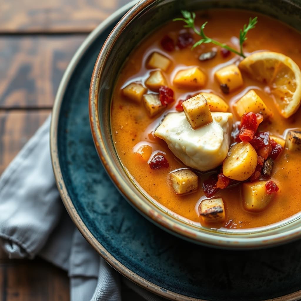 Manhattan Fish Chowder med ovnsbakte fingerling-poteter og bacon-relish