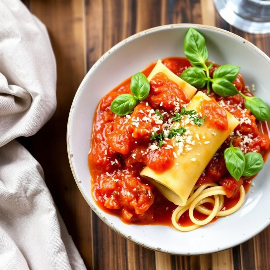 Manikotti Magri med kjøttfyll og tomatsaus