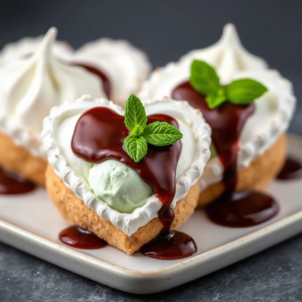 Marengs hjerter med mynteis og fudge-saus