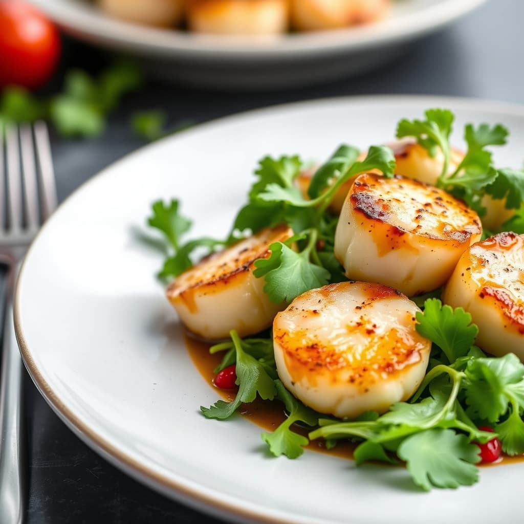 Marinerte kamskjell og vannkresse-salat