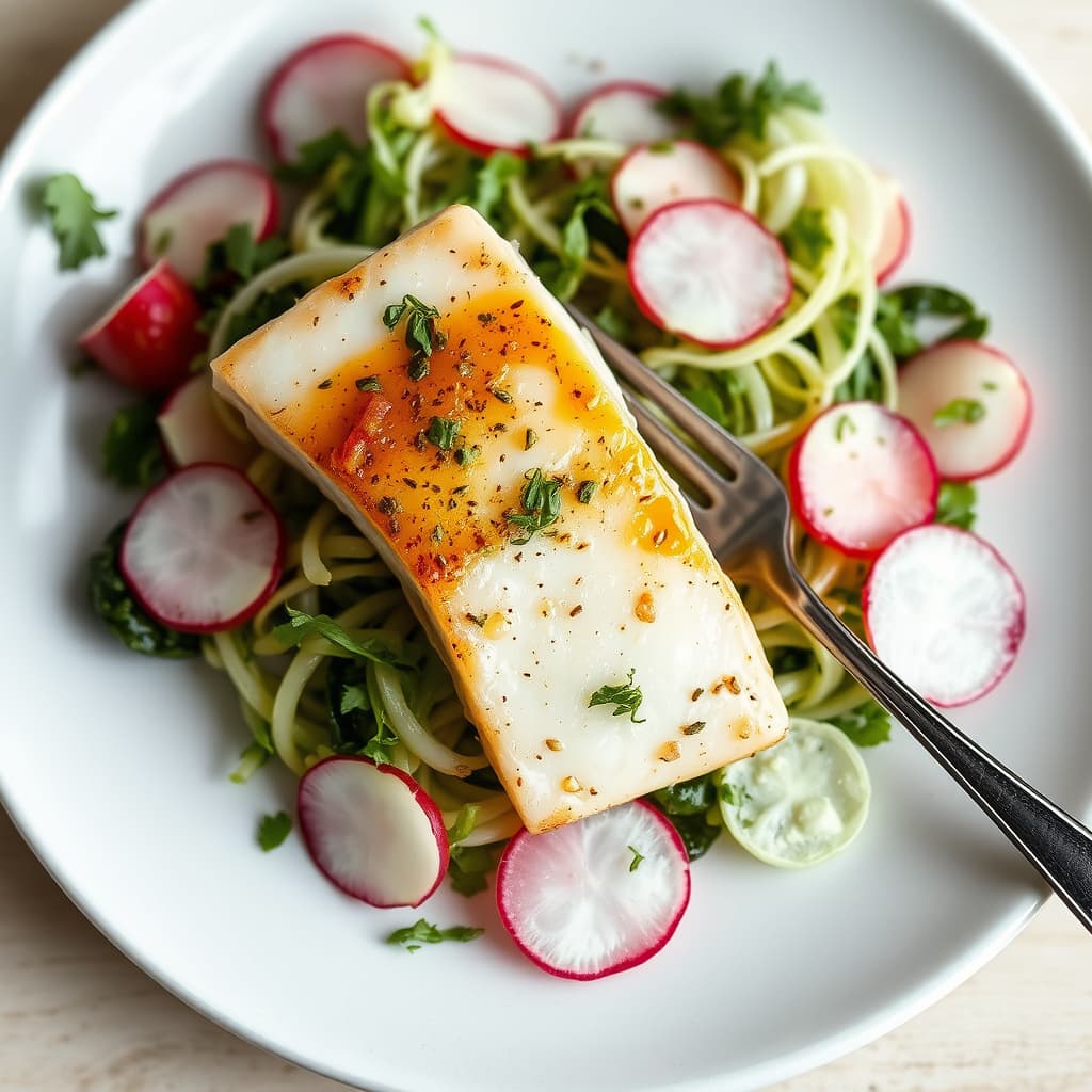 Marinerte kveitebiter på reddikspirer og fennikelsalat