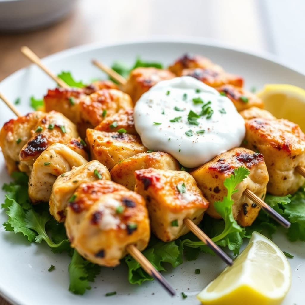 Marinerte kyllingkebab med sitronpepper-yoghurtsaus