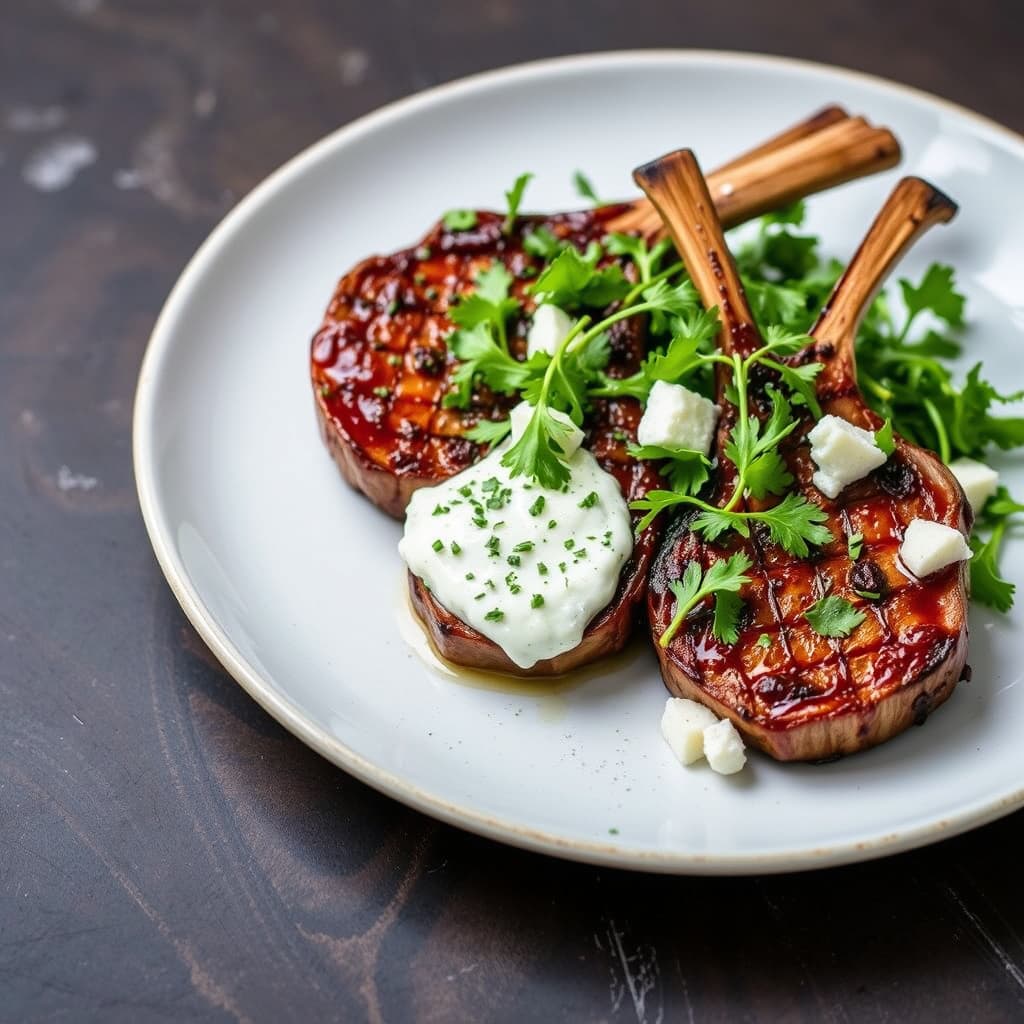 Marinerte lammekoteletter av skulder med tzatziki, ruccola og feta