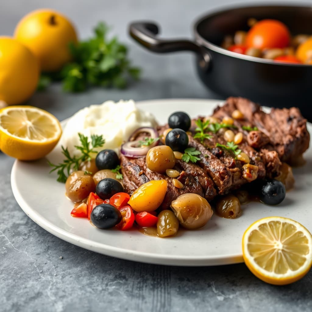 Marokkansk brisket med oliven, tomater, løk og konserverte sitroner