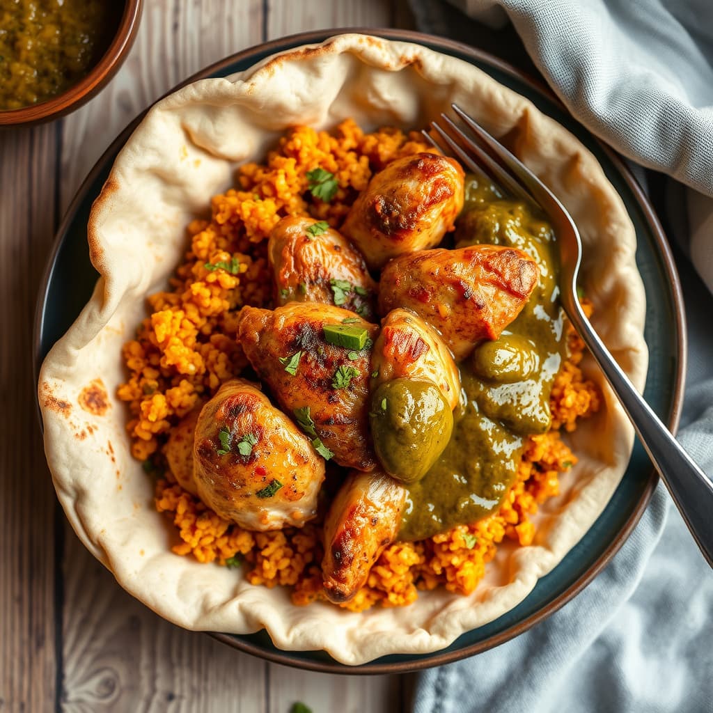 Marokkansk kylling med aprikos-couscous og grønn oljesaus i flatbrød