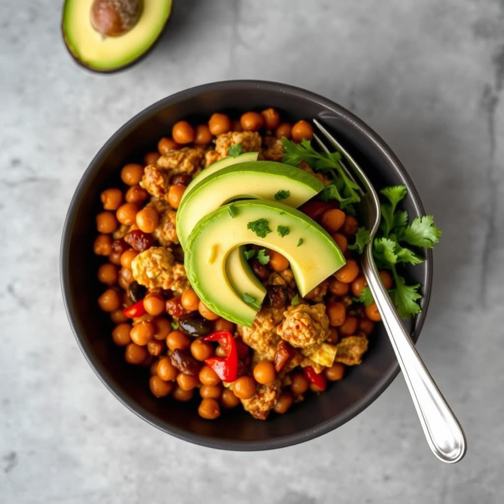 Marokkansk scramble med kalkun merguez, ovnsbakte kikerter og avokado
