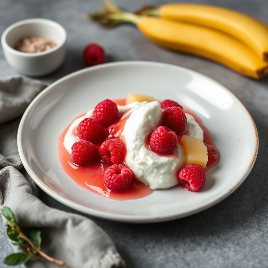 Mascarpone med bringebær og ananas