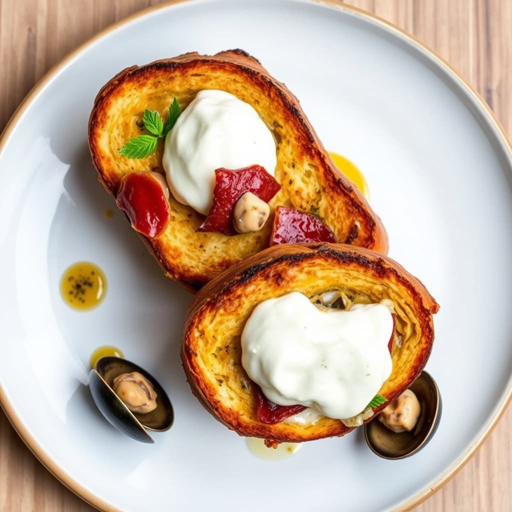 Mascarpone- og baconfylte franske toast med chorizo og blåskjell