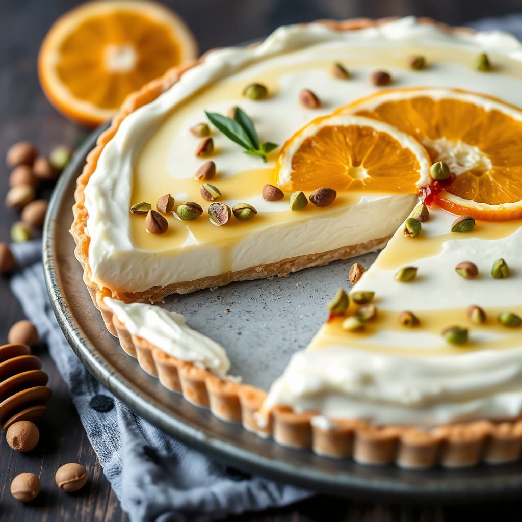 Mascarponepai med honning, appelsiner og pistasjnøtter