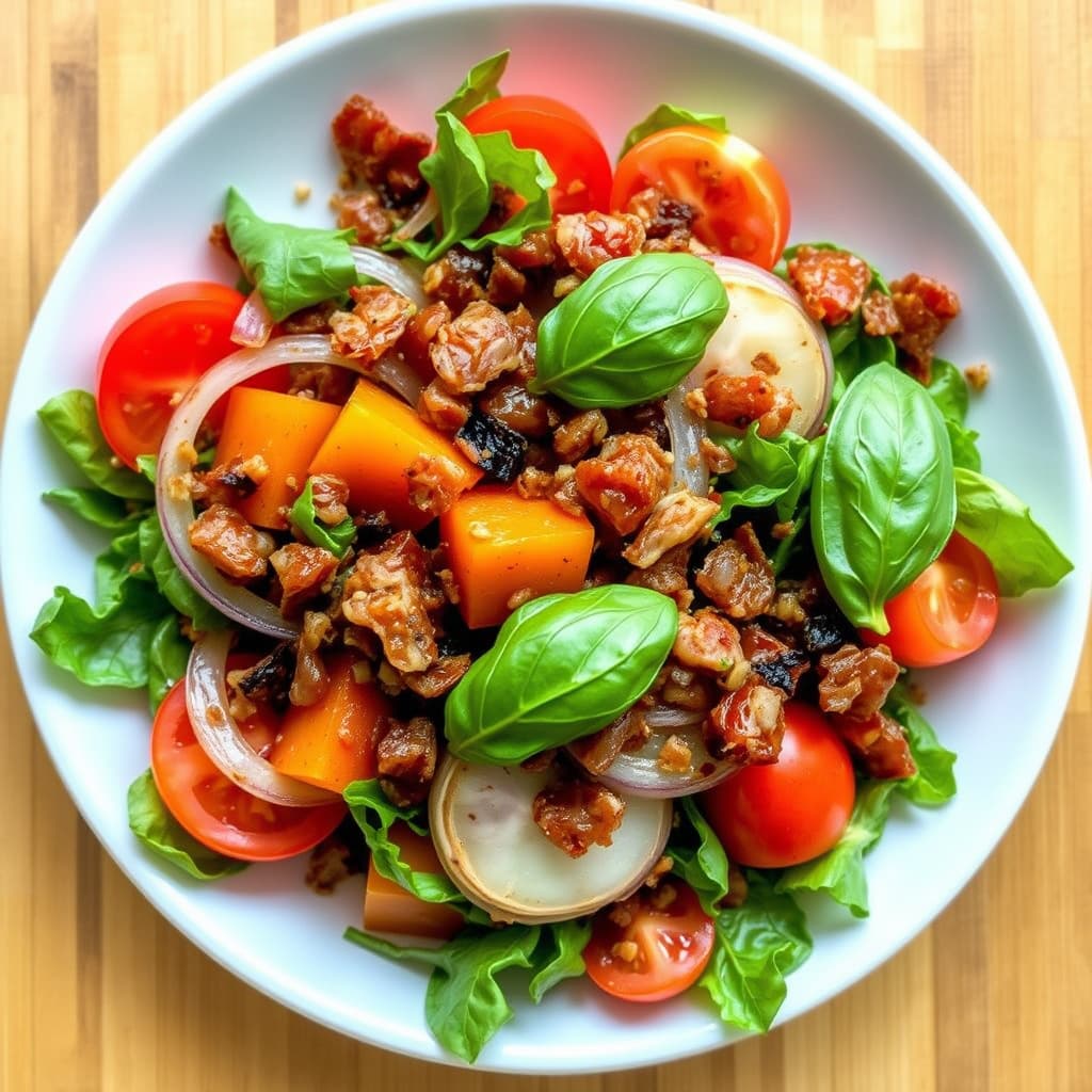 Maui-løk- og tomatsalat med pancetta og basilikum-balsamico vinaigrette